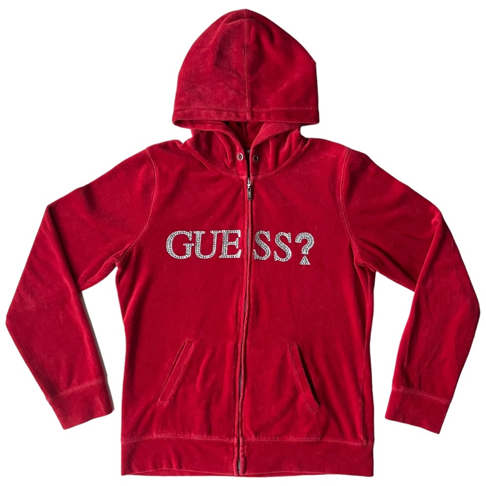 Guess Red Velour Teddy Zip Hoodie with Crystal Logo